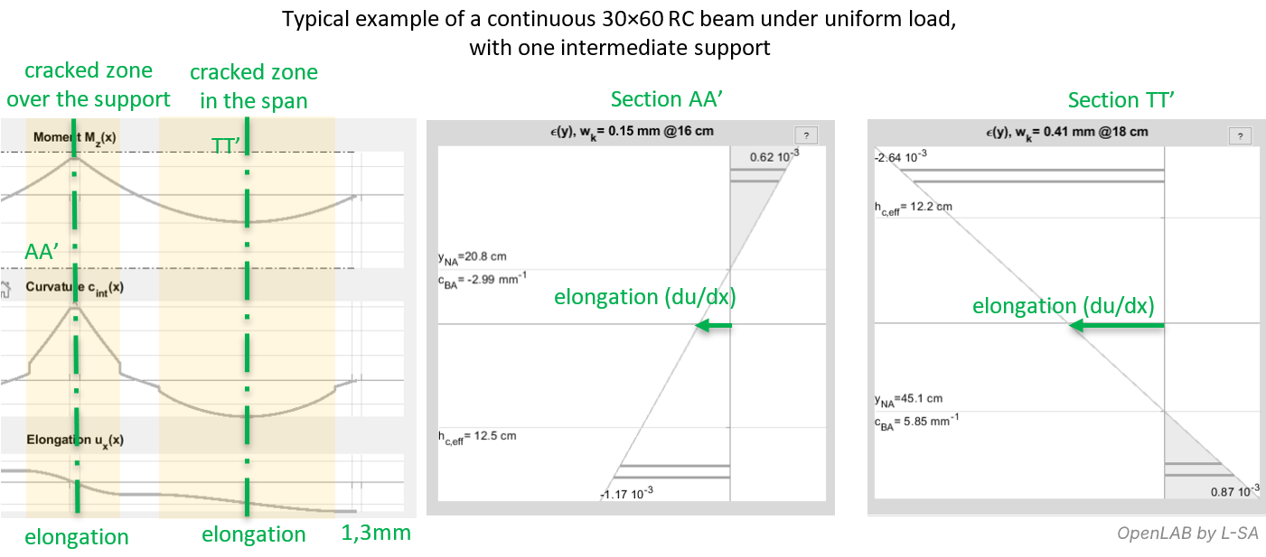 elongation under gravitational loading in the span and at the support of a beam